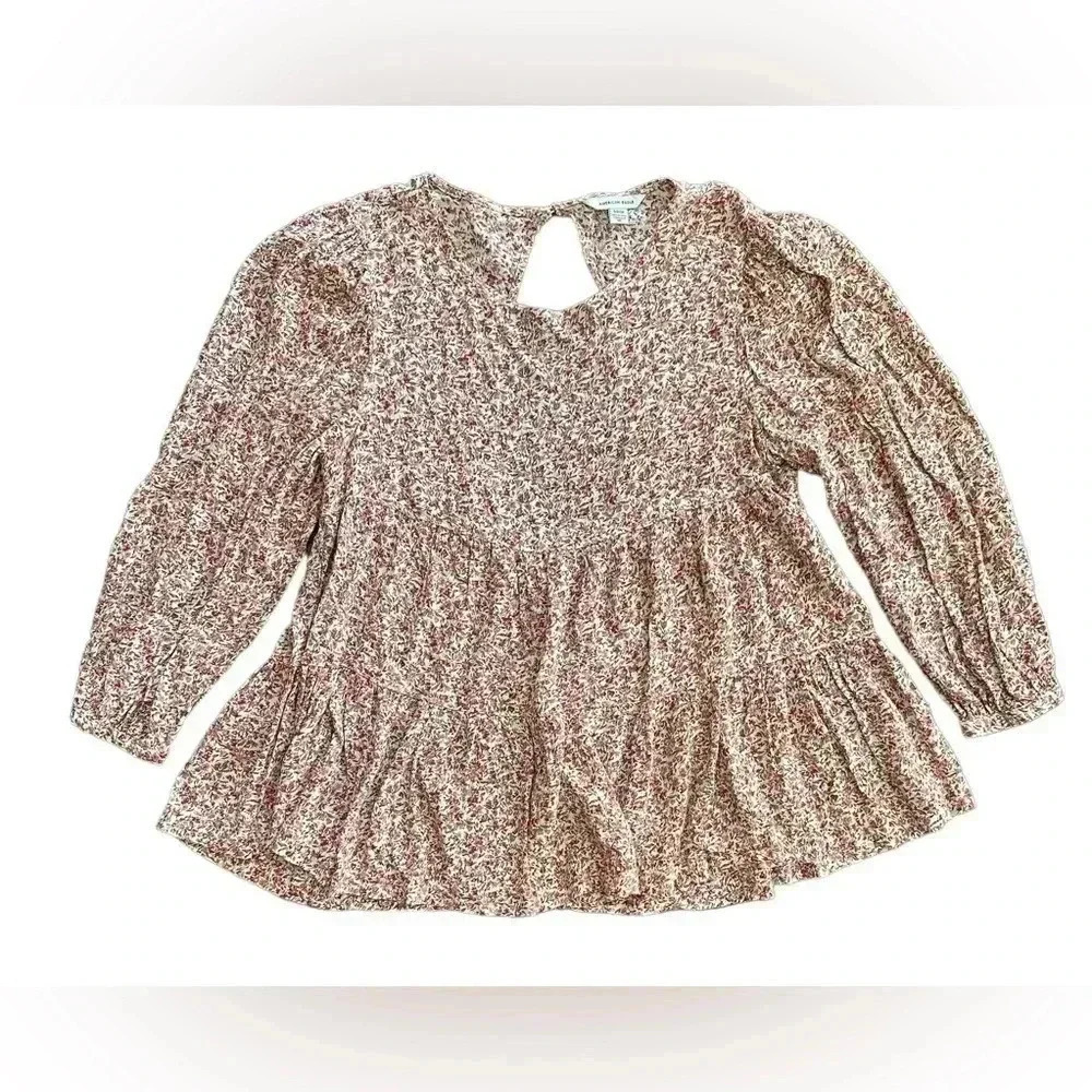 American Eagle Womens Top Size XS Pink Cream Floral Baby Doll Tiered Open Back